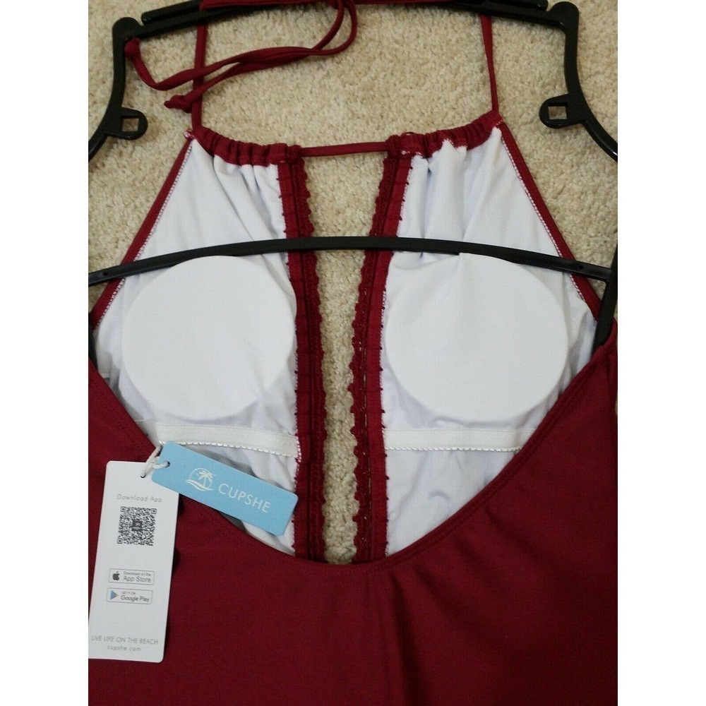 CUPSHE~Woman Size S~Maroon Wine Red One Piece Swimsuit Halter NWT. - Picture 9 of 11